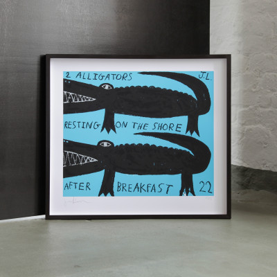 Joachim Lambrechts, 2 alligators resting on the shore after breakfast - blue