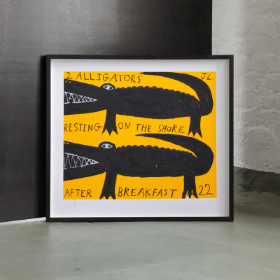 Joachim Lambrechts, 2 alligators resting on the shore after breakfast - yellow